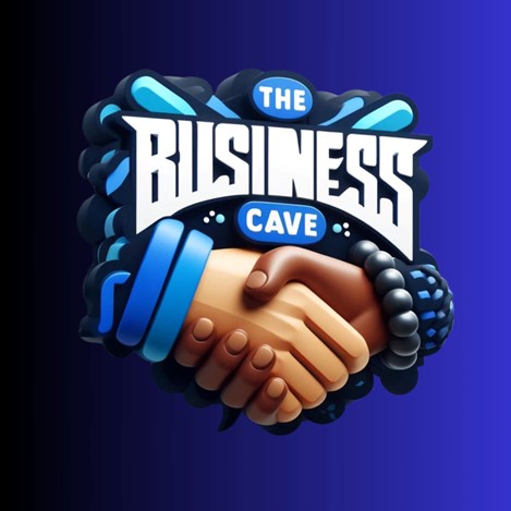 two animated hands are shaking and text written above them "The Business Cave" with a mix of black and blue background